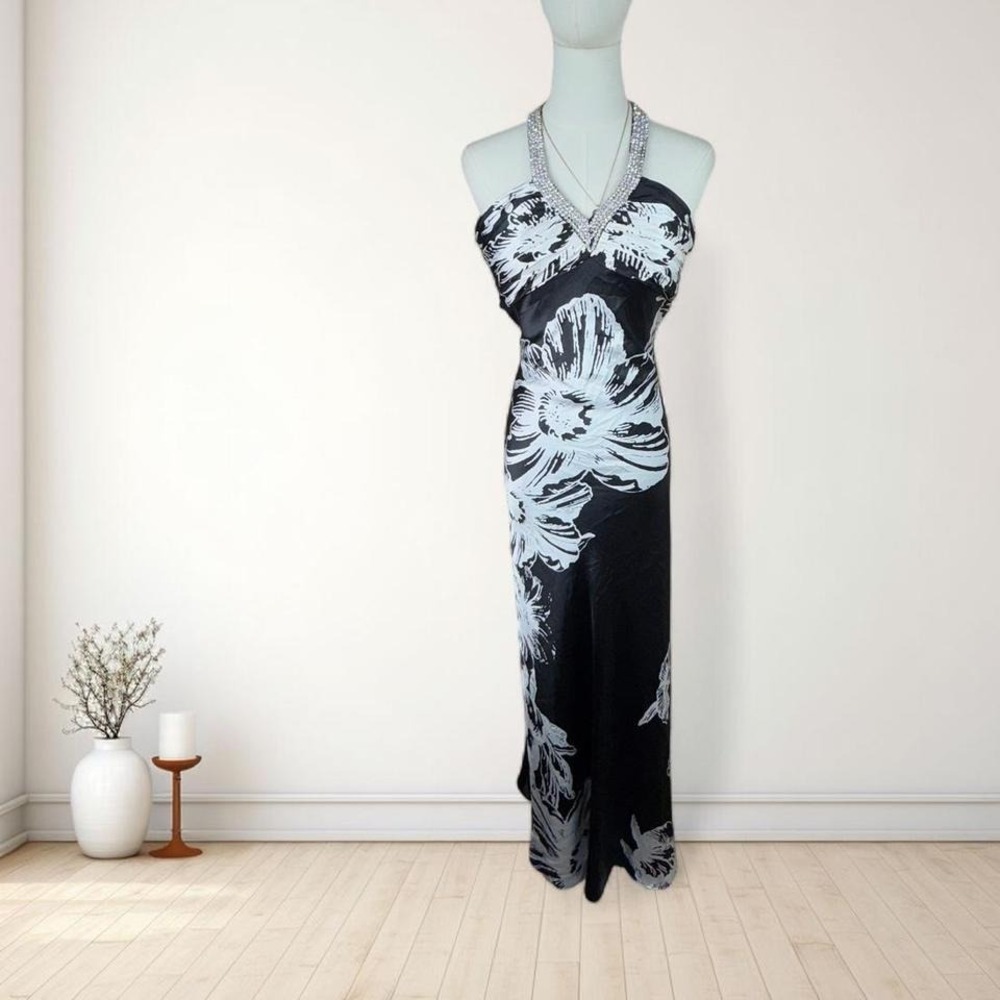Y2K vintage LM Collection black white floral rhinestone halter maxi gown